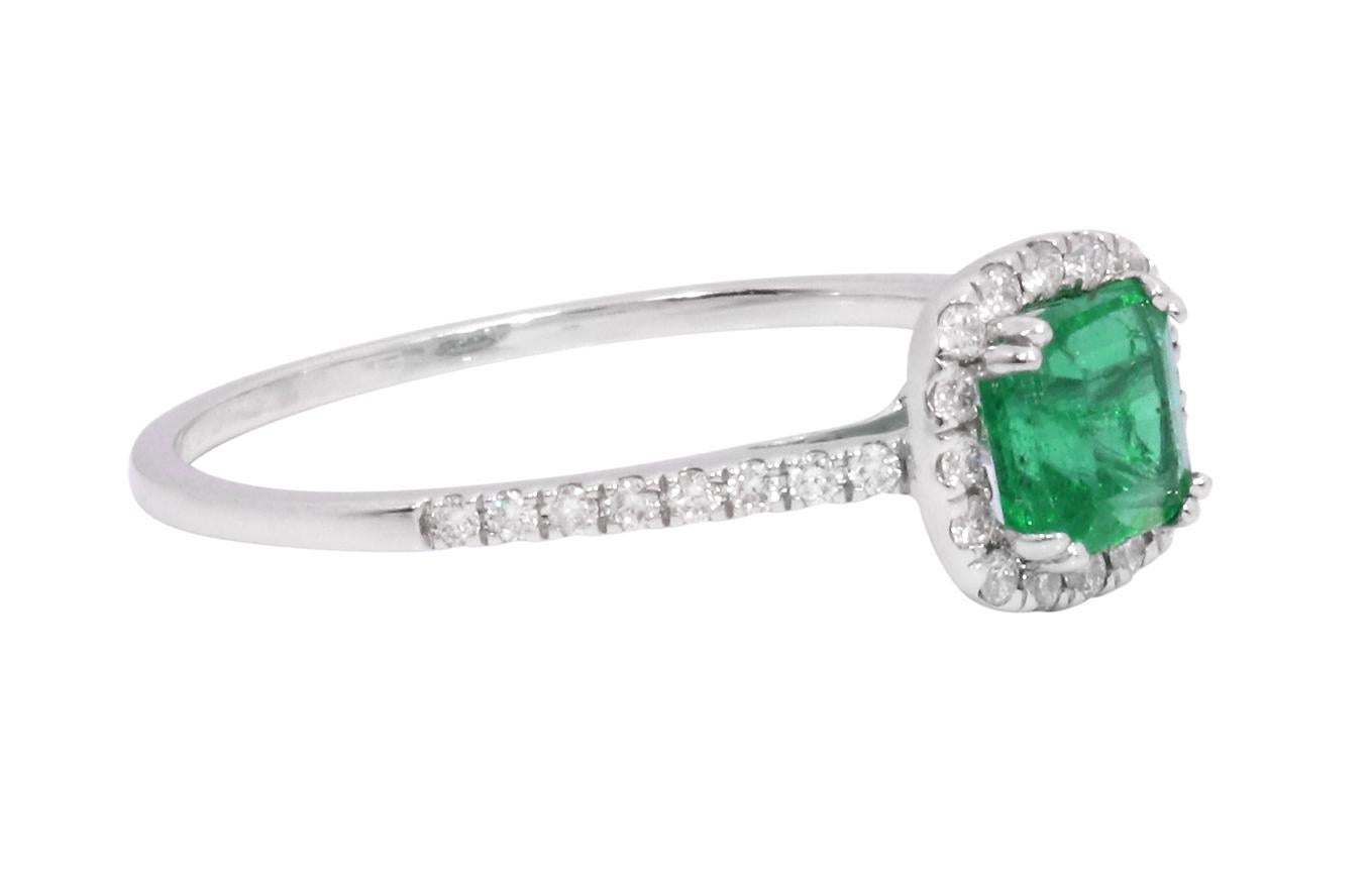 Cushion Cut 18 Karat White Gold 0.79 Carat Natural Emerald and Diamond Halo Cluster Ring For Sale