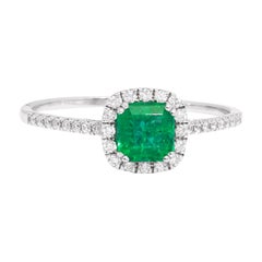 18 Karat White Gold 0.79 Carat Natural Emerald and Diamond Halo Cluster Ring
