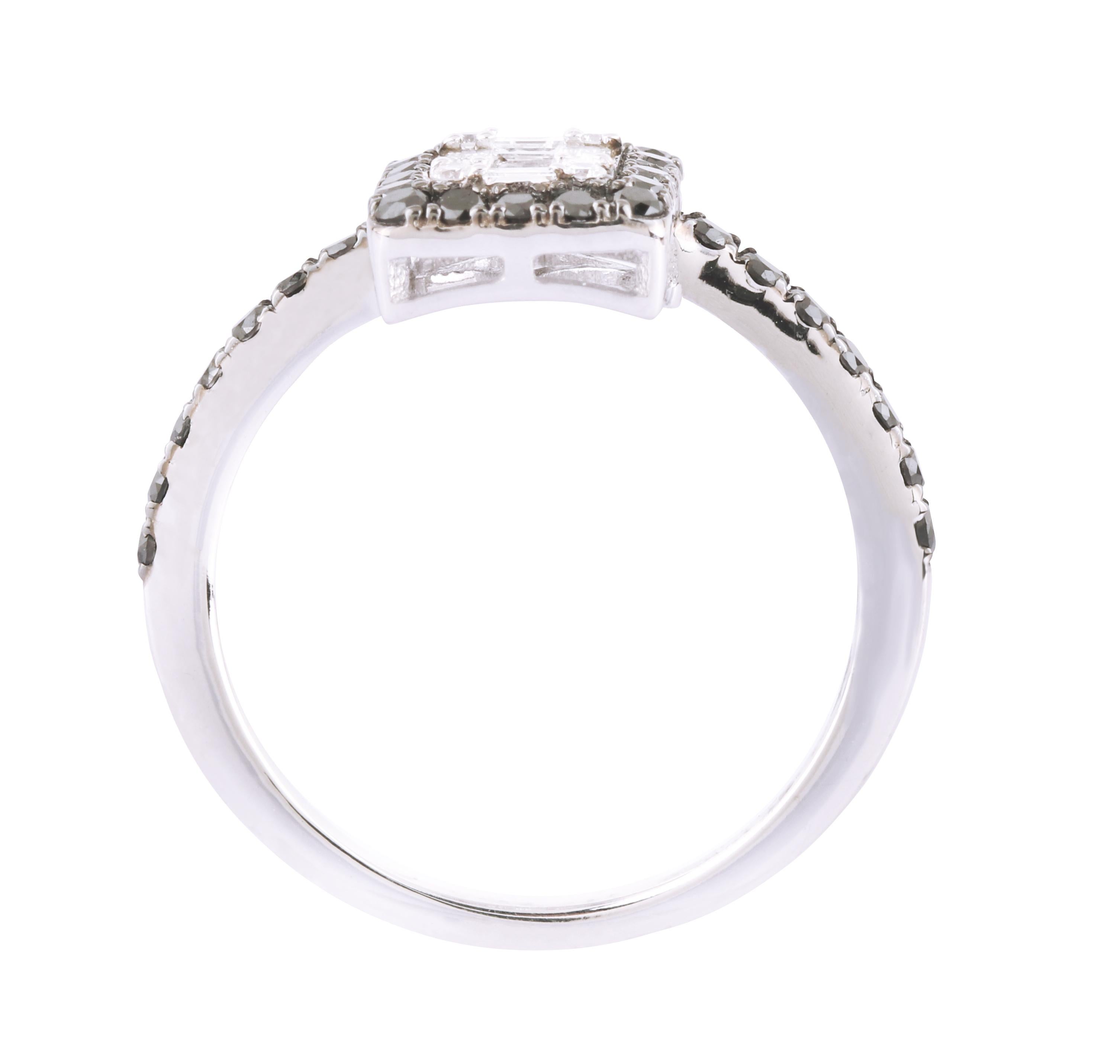 Women's 18 Karat White Gold 0.80 Carat White and Black Diamond Ring  For Sale