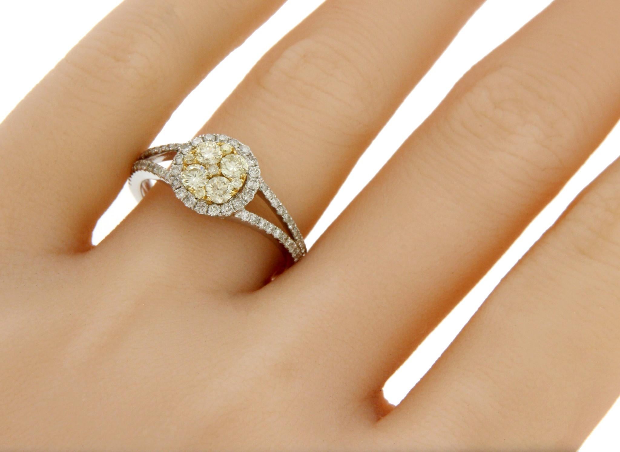 Women's 18 Karat White Gold 0.82 Carat Yellow and White Diamonds Engagement Ring For Sale