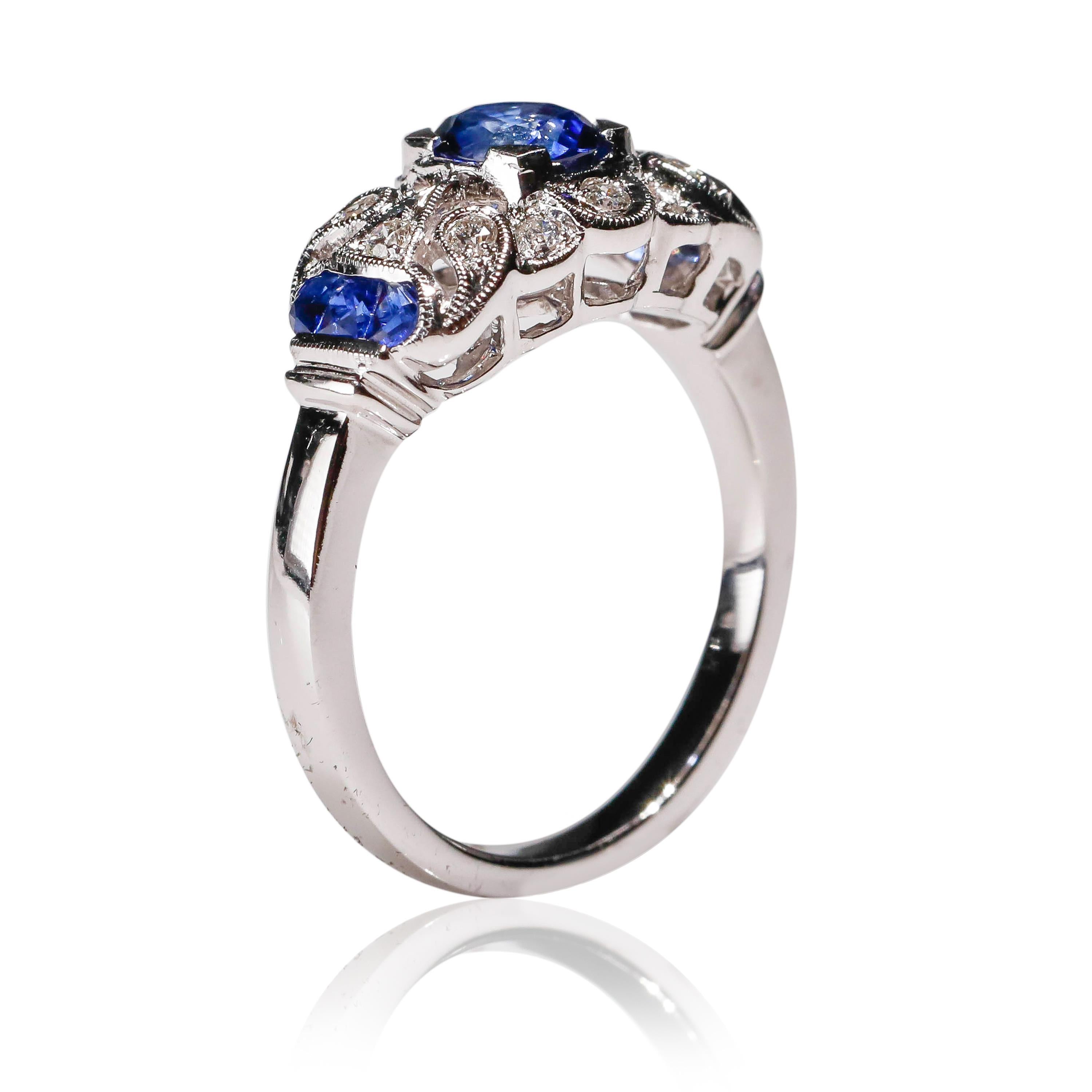Oval Cut 18 Karat Gold 0.93 Carat Art Deco Style Blue Sapphire Diamond Halo Ring