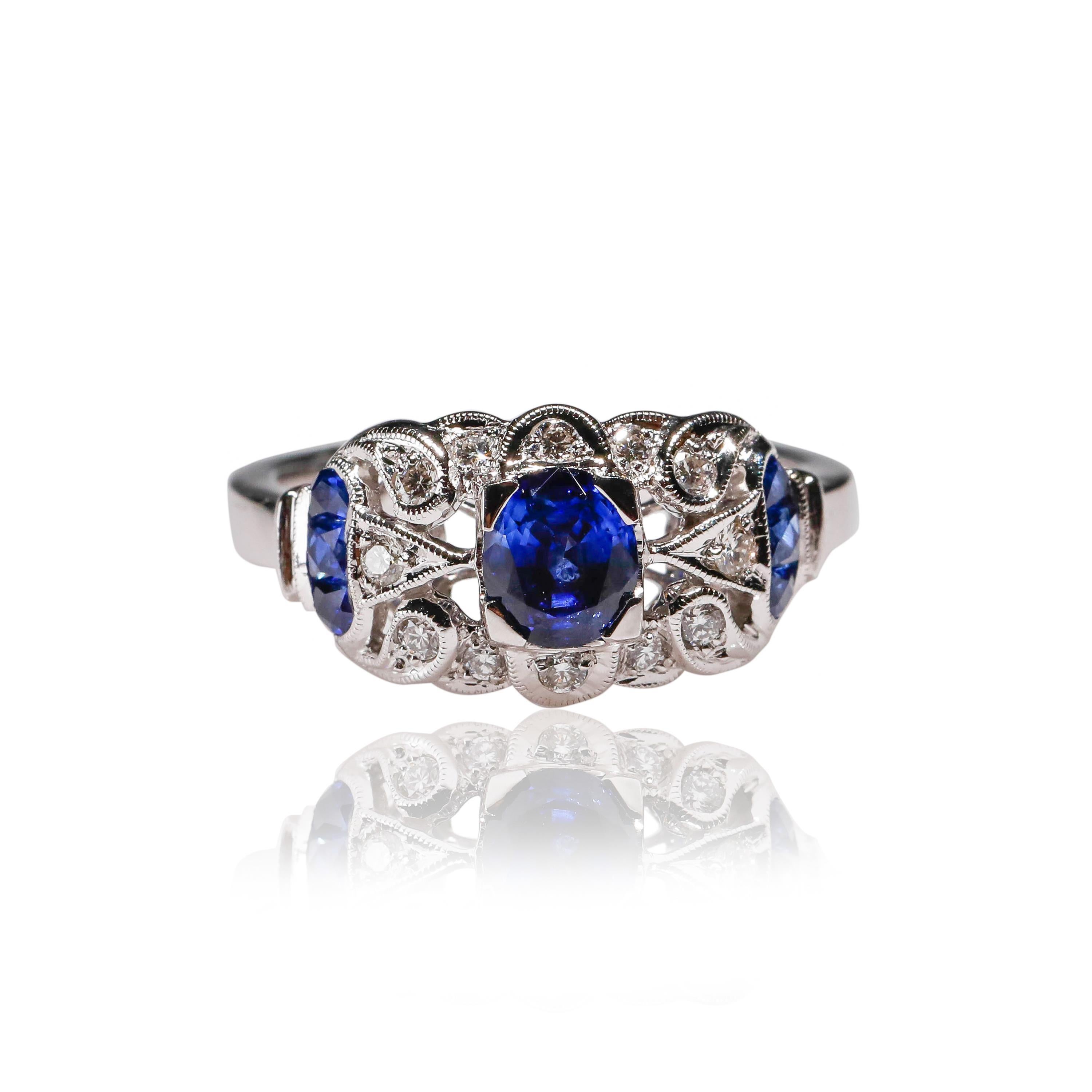 18 Karat Gold 0.93 Carat Art Deco Style Blue Sapphire Diamond Halo Ring In New Condition In New York, NY