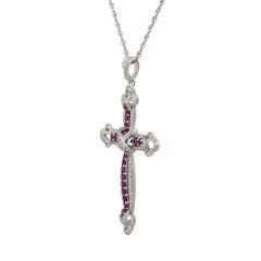 18 Karat White Gold 0.99 Carat Ruby Diamond Pave Cross Pendant Necklace