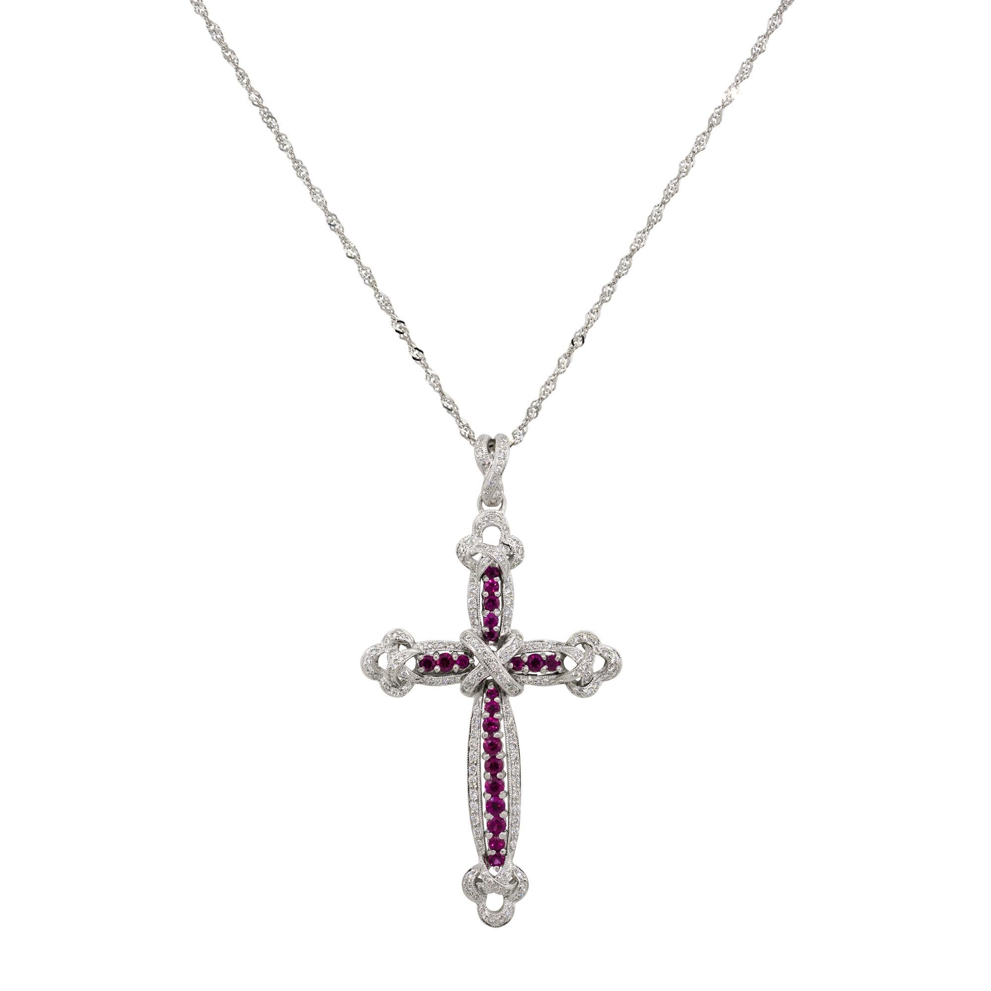 Collana con ciondolo a croce in oro bianco 18 carati da 0,99 carati con diamanti e rubini in vendita 1