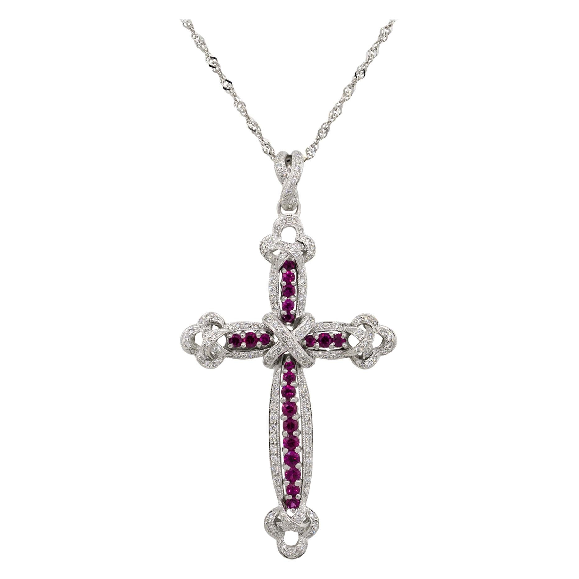 18 Karat White Gold 0.99 Carat Ruby Diamond Pave Cross Pendant Necklace