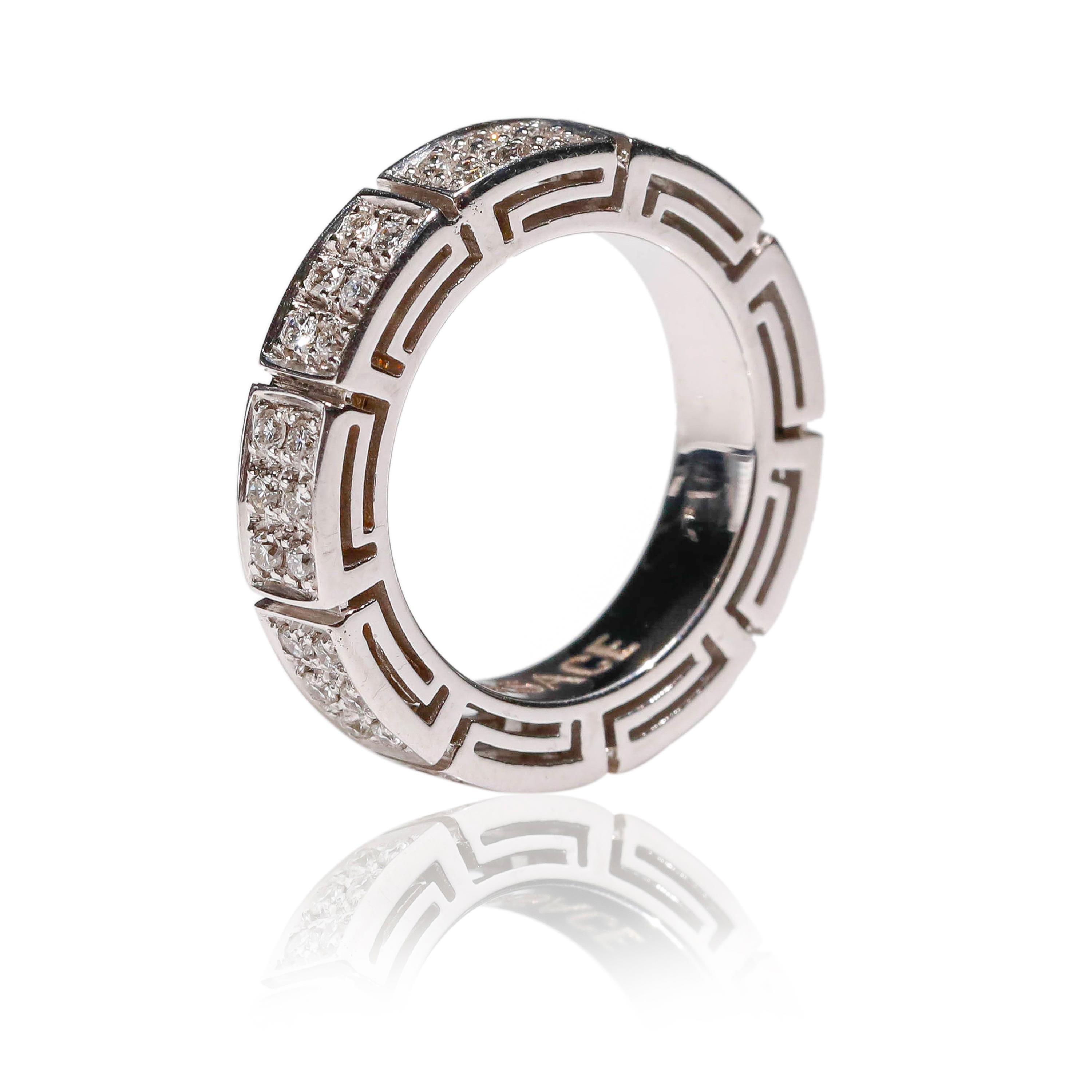 Women's 18 Karat White Gold 1 Carat Round Cut Pave Diamond Eternity Band Ring by Versace For Sale