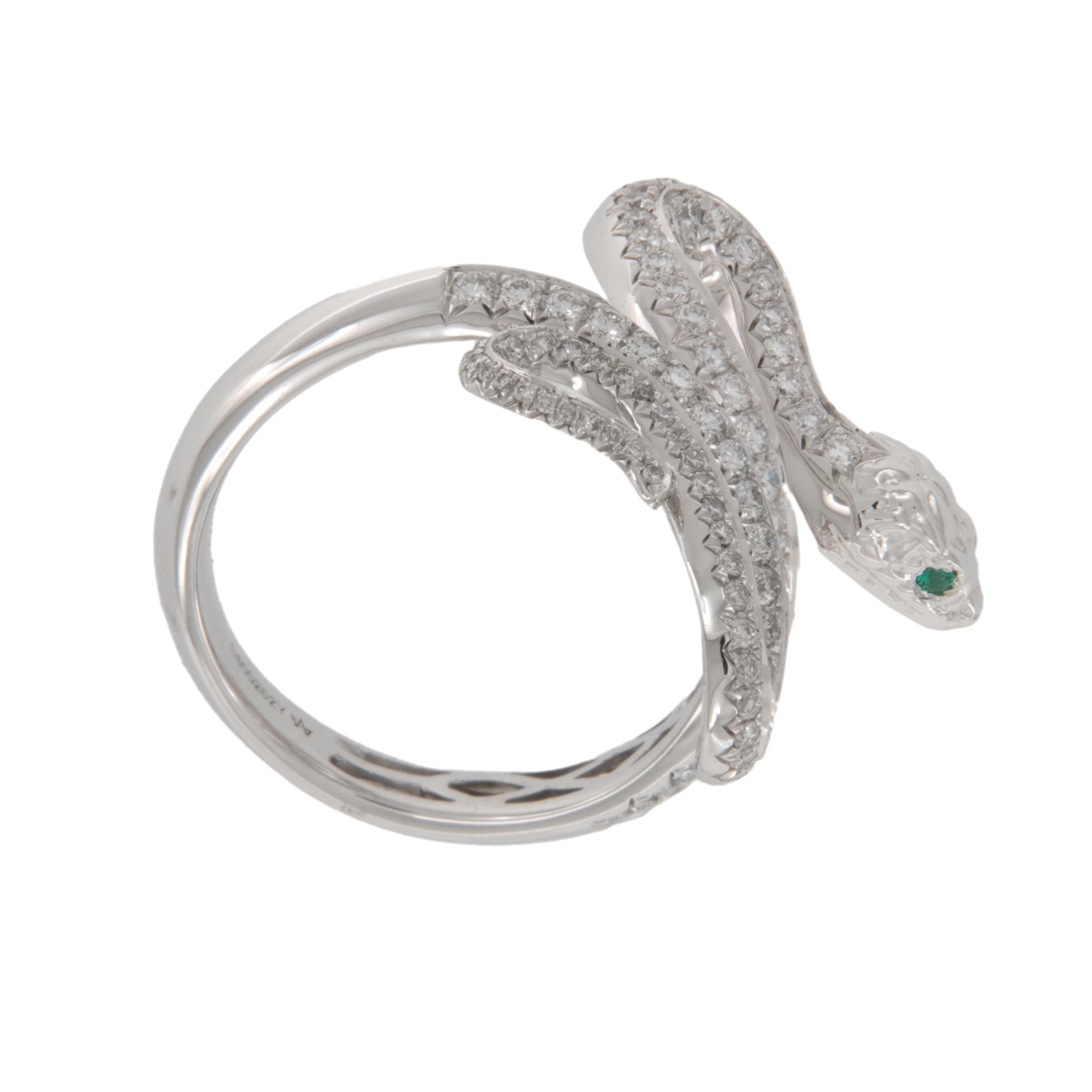 Graceful and elegant, serpents have symbolized guardianship, fertility and rebirth for centuries. This beautiful ring is comprised of rich 18 karat white gold with 146 diamonds = 1.00 Cttw (VS) as the 