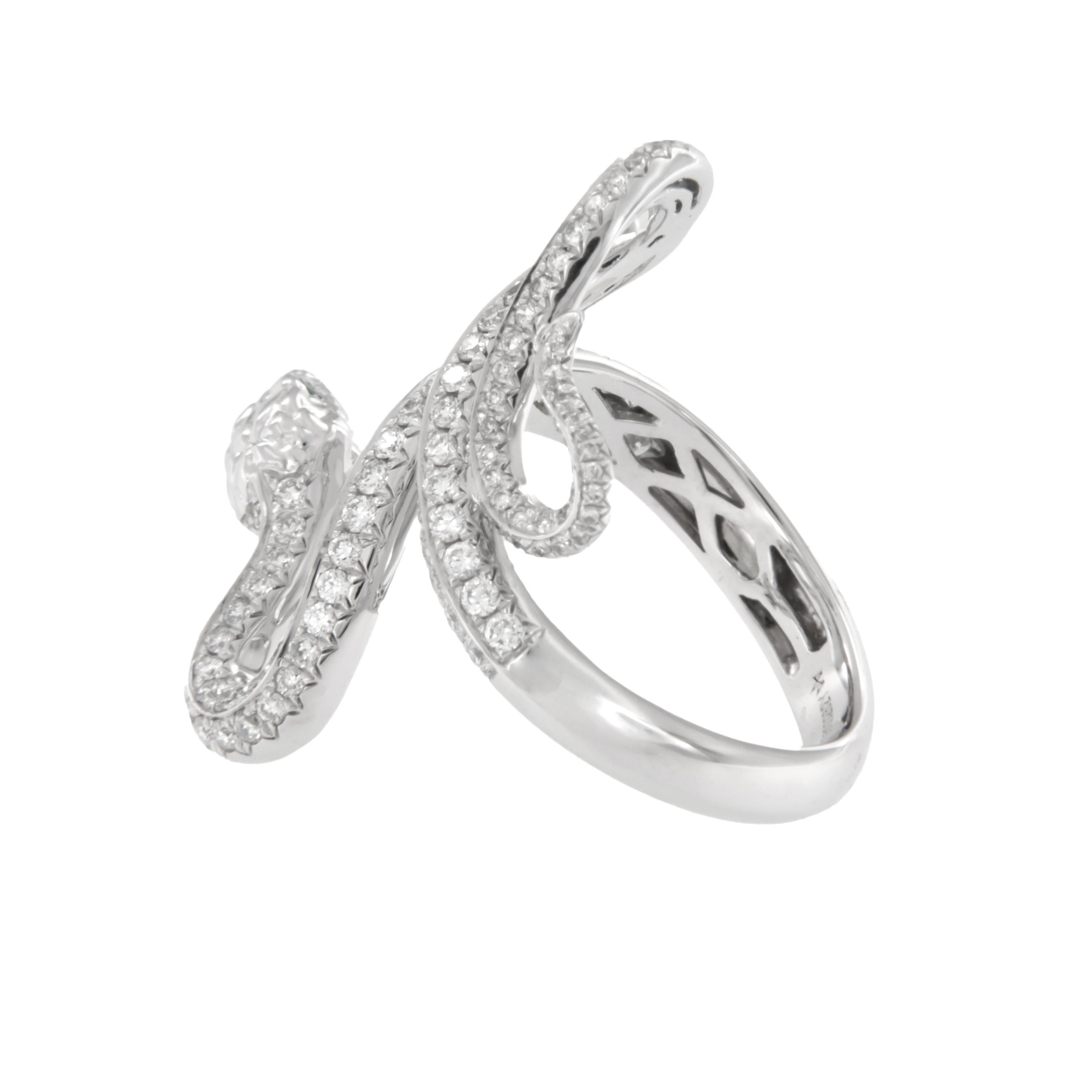Contemporary 18 Karat White Gold 1.00 Carat Total Weight Diamond Serpent Ring For Sale