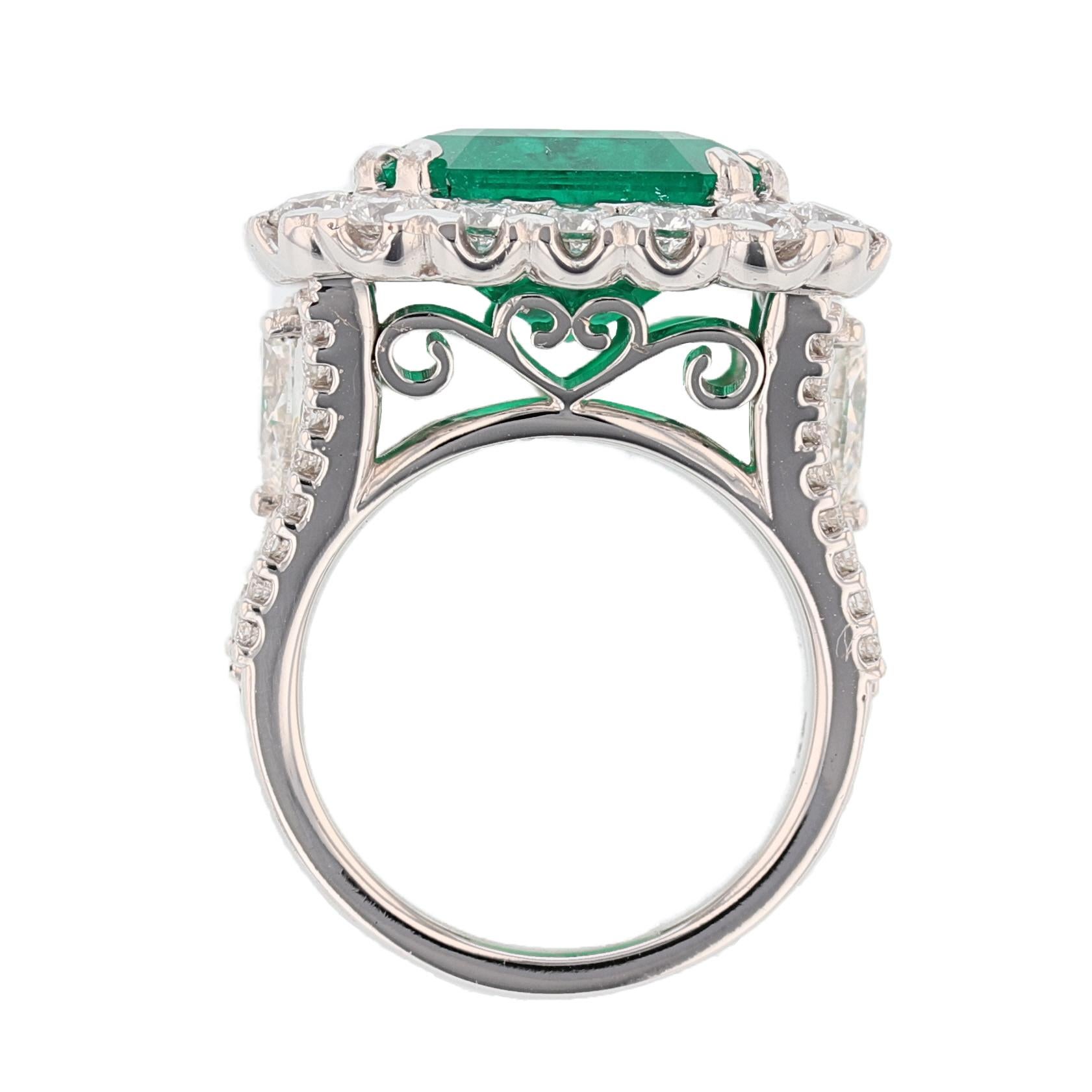 Emerald Cut 18 Karat White Gold 10.08 Carat Colombian Emerald 3.79 Carat Diamond Ring For Sale