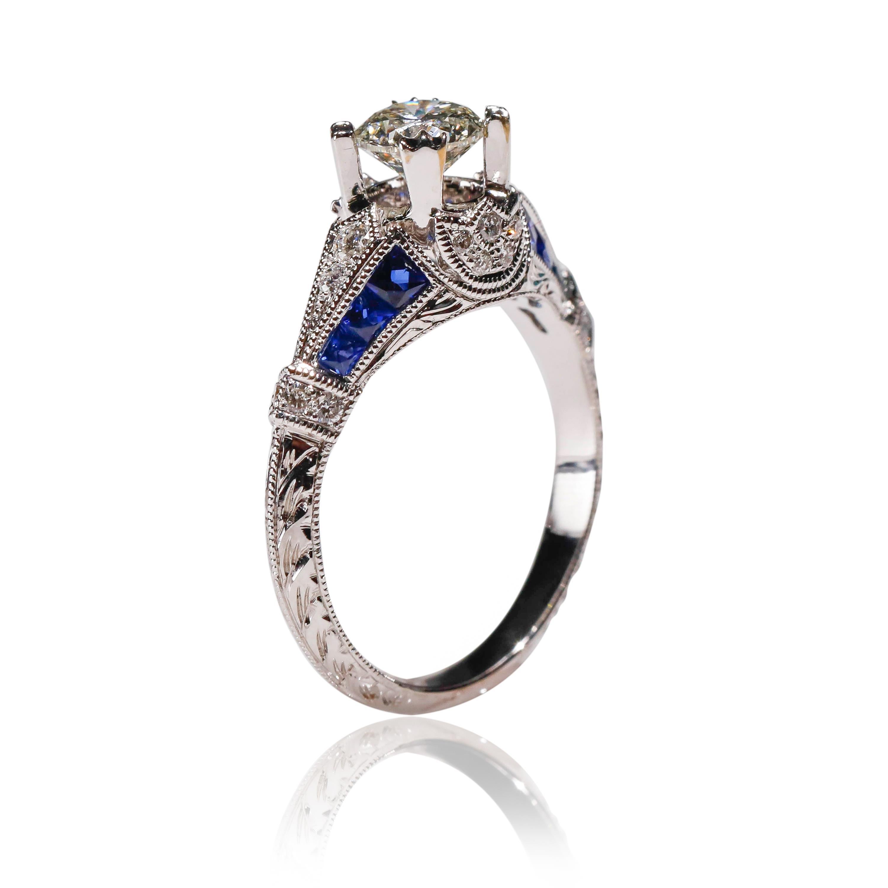 18 Karat White Gold 1.03 Ct Diamond 0.22 Ct Sapphire Engagement Ring

Triple cluster halo diamond engagement ring. Fashioned in white gold, is the perfect way to say 