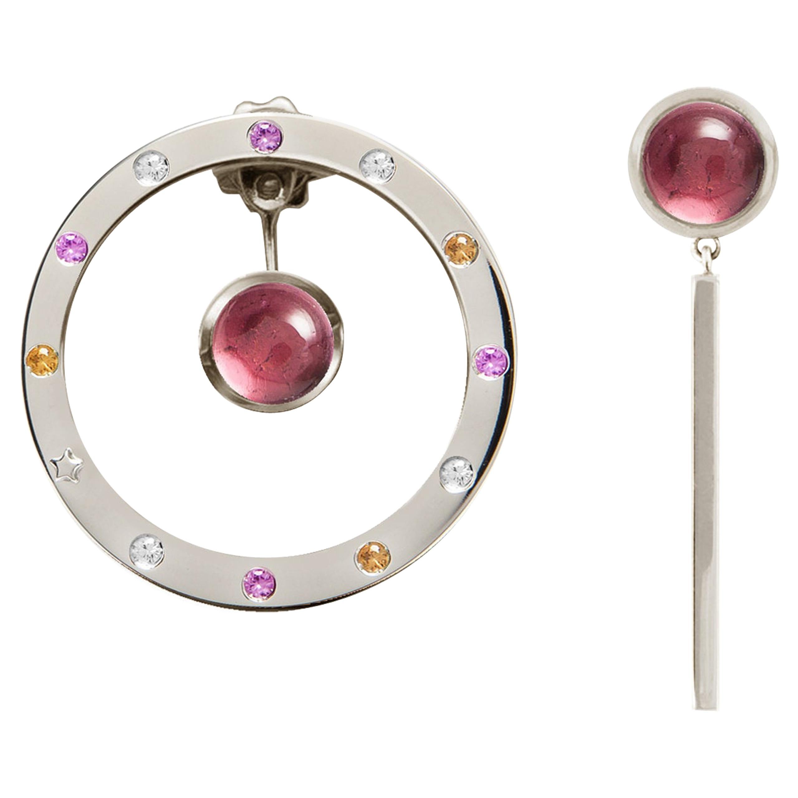 18 Karat White Gold 10.4, Diamonds, Sapphires and Tourmaline Cabochon Earrings For Sale