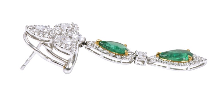 Women's 18 Karat White Gold 10.46 Carat Natural Emerald and Diamond Dangle Earrings For Sale