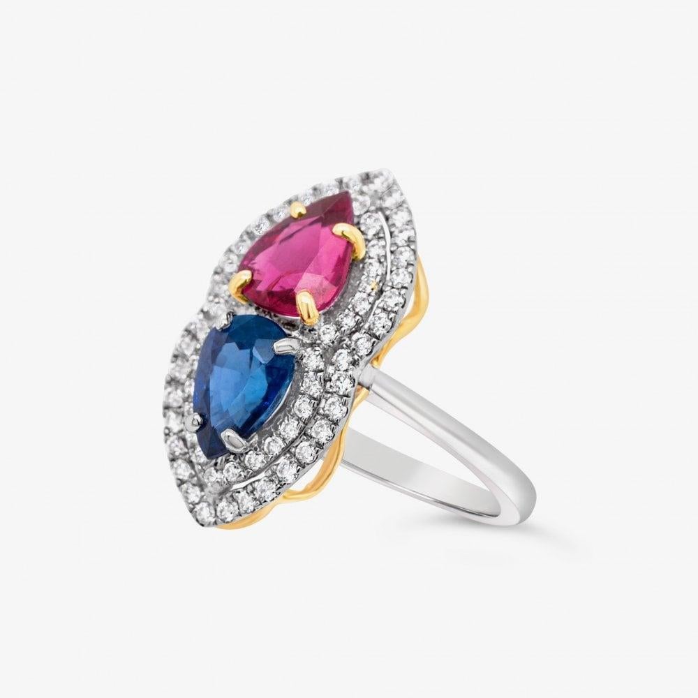 Pear Cut 18 Karat GIA Certified 1.05 Carat Ruby No Heat, 1.25ct Sapphire & Diamond Ring For Sale