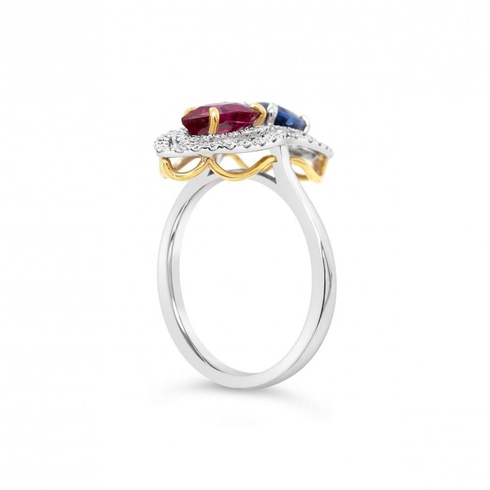 Women's 18 Karat GIA Certified 1.05 Carat Ruby No Heat, 1.25ct Sapphire & Diamond Ring For Sale