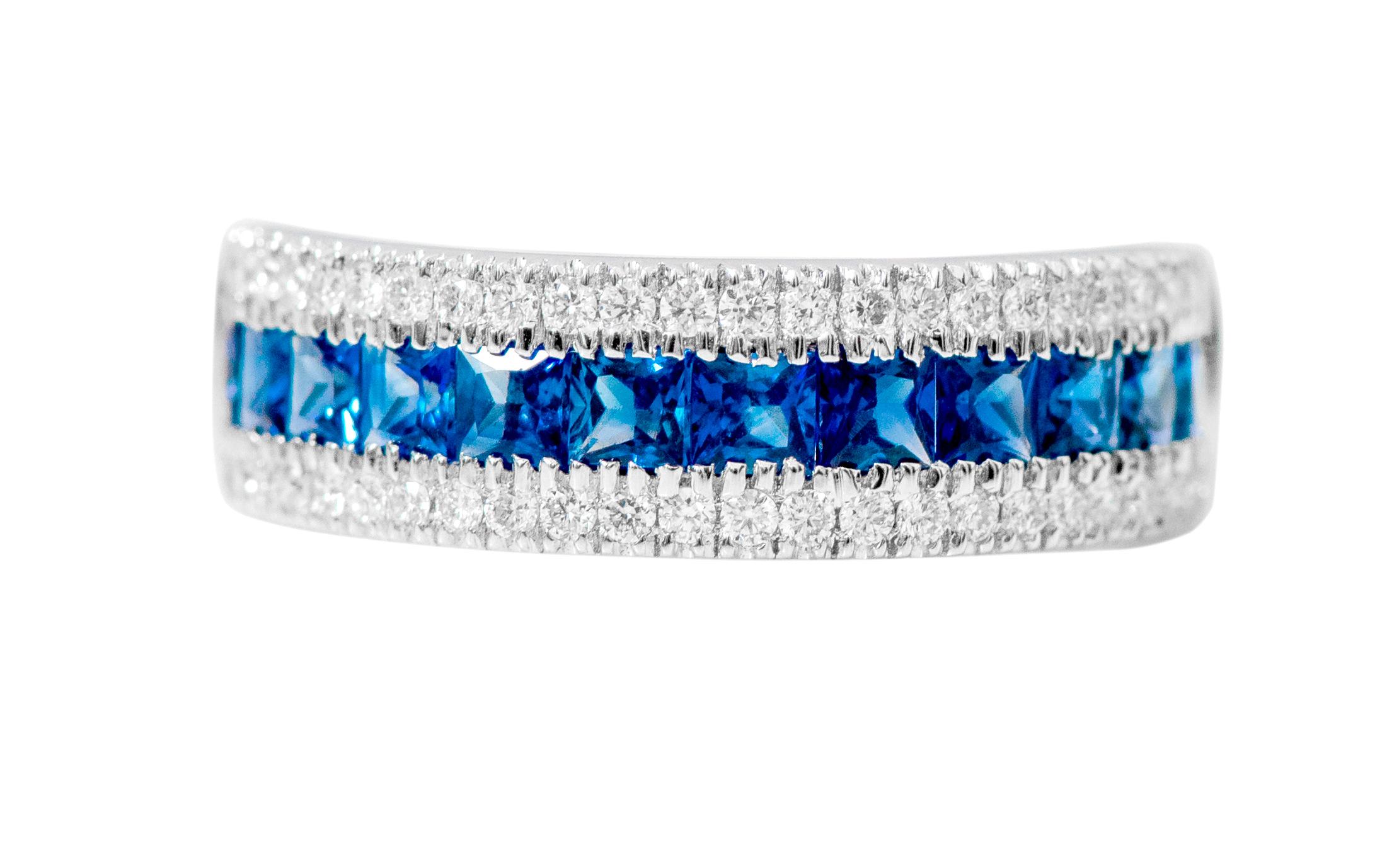18 Karat White Gold 1.07 Carat Princess-Cut Sapphire and Diamond Eternity Half-Band Ring

This enchanting Egyptian blue sapphire and diamond half-band is distinctive. The perfectly cut and matched princess-cut blue sapphires in closed side-channel