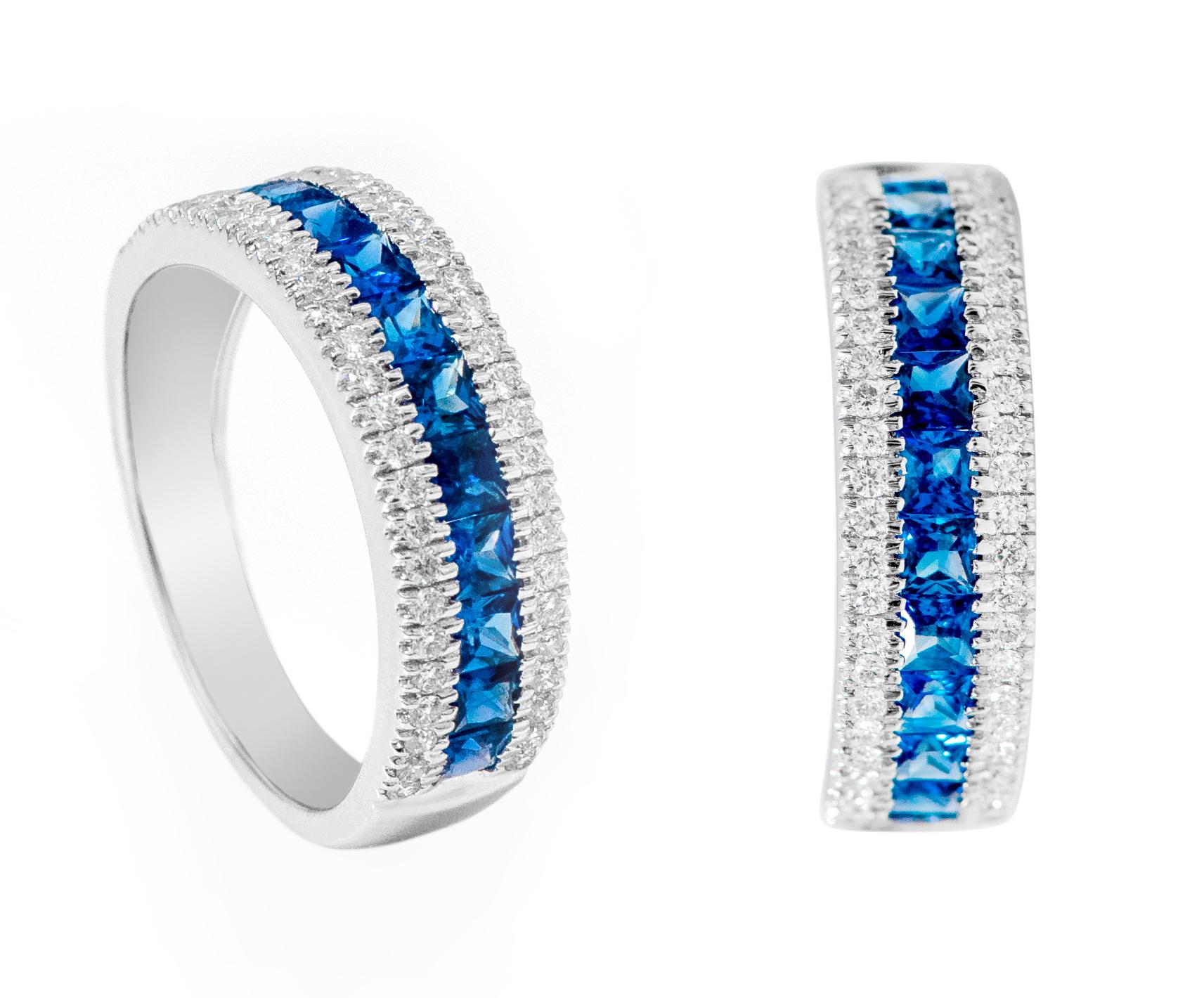 Modern 18 Karat White Gold 1.07 Carat Blue Sapphire and Diamond Eternity Half-Band Ring For Sale