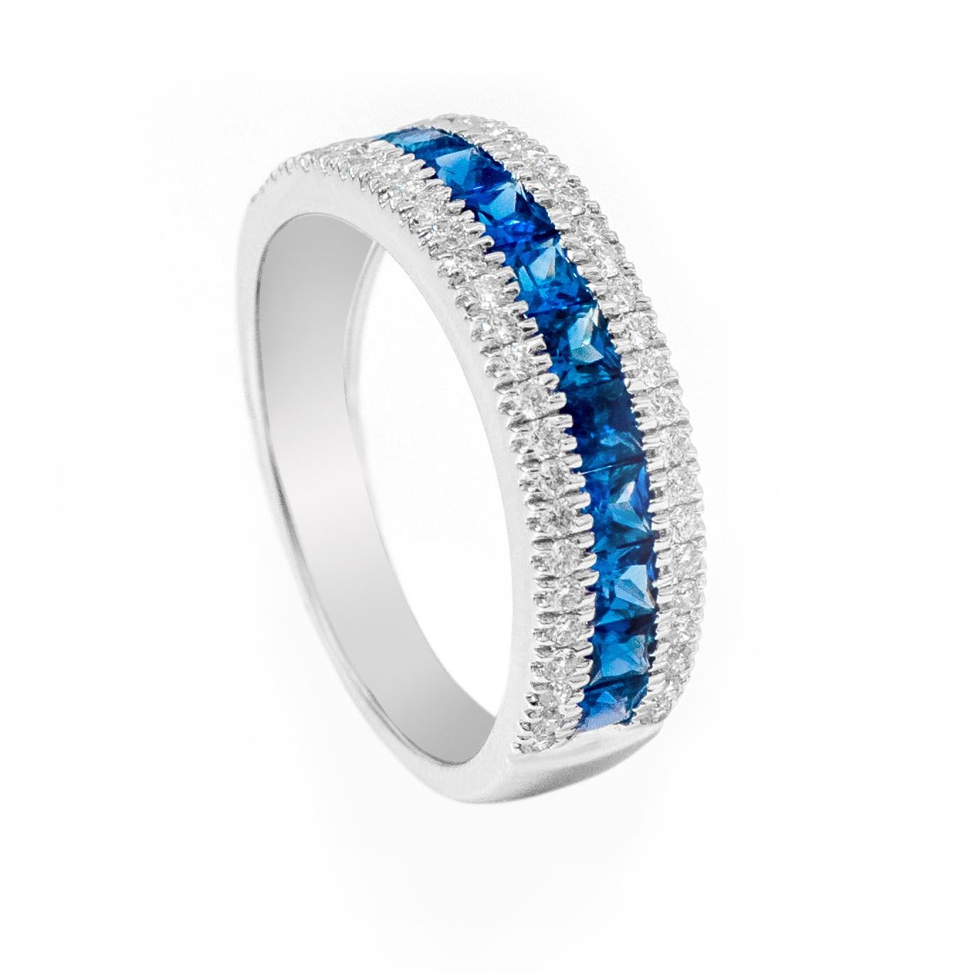 18 Karat White Gold 1.07 Carat Blue Sapphire and Diamond Eternity Half-Band Ring For Sale 1