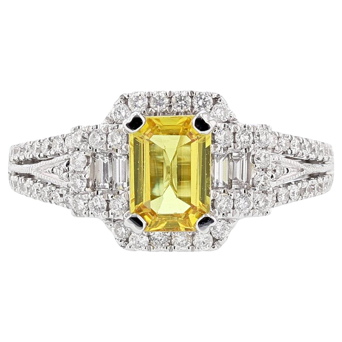 18 Karat White Gold 1.07 Carat Emerald Cut Yellow Sapphire Diamond Ring