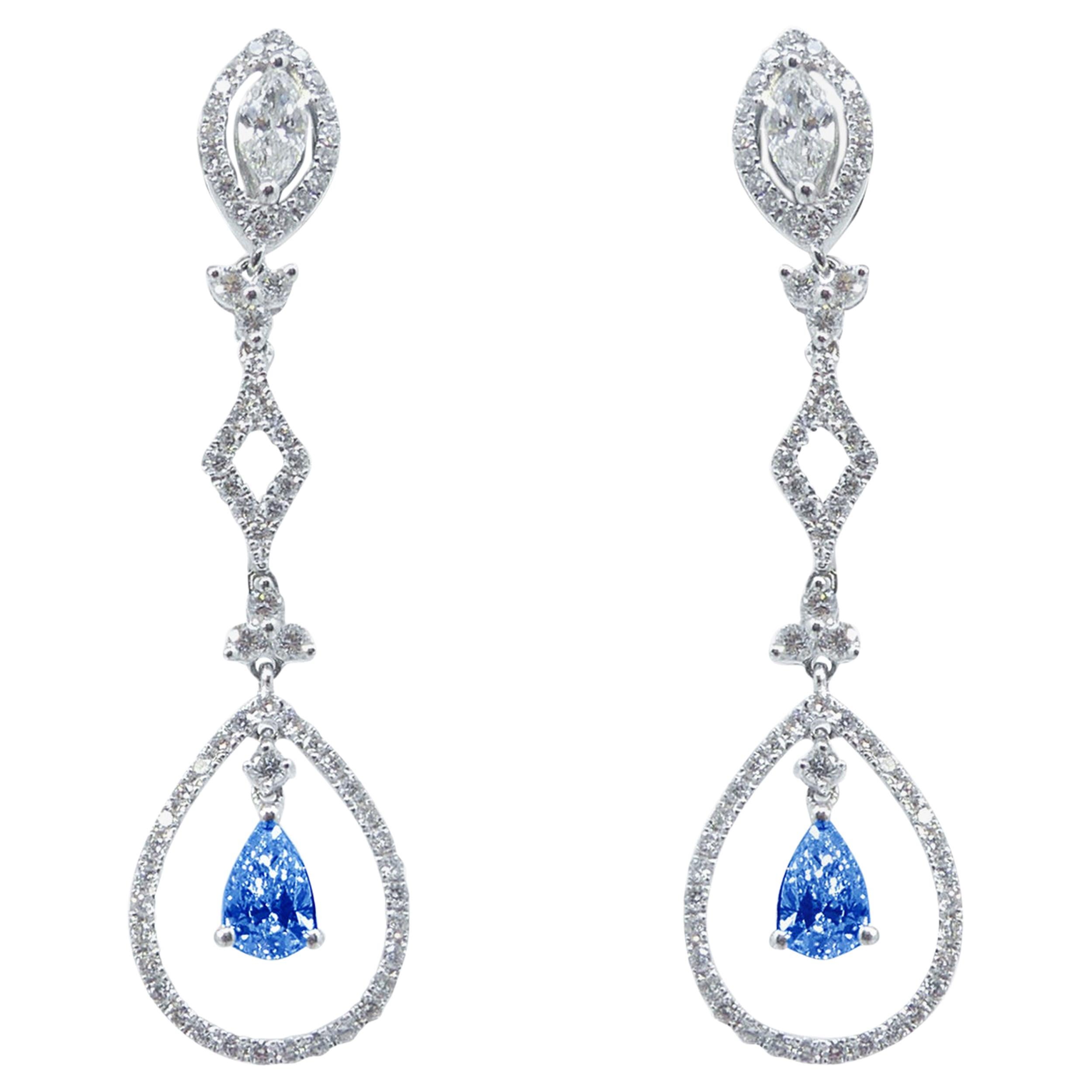 18 Karat White Gold 1.07 Carat White Diamonds 1.02 Carat Blue Sapphire Earrings For Sale