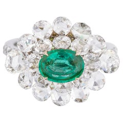 18 Karat White Gold 1.10 Carat Natural Emerald and Diamond Rose-Cut Cluster Ring