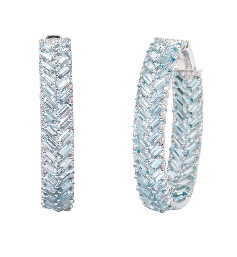 18 Karat White Gold 11.51 Carat Aquamarine and Diamond Hoop Earrings