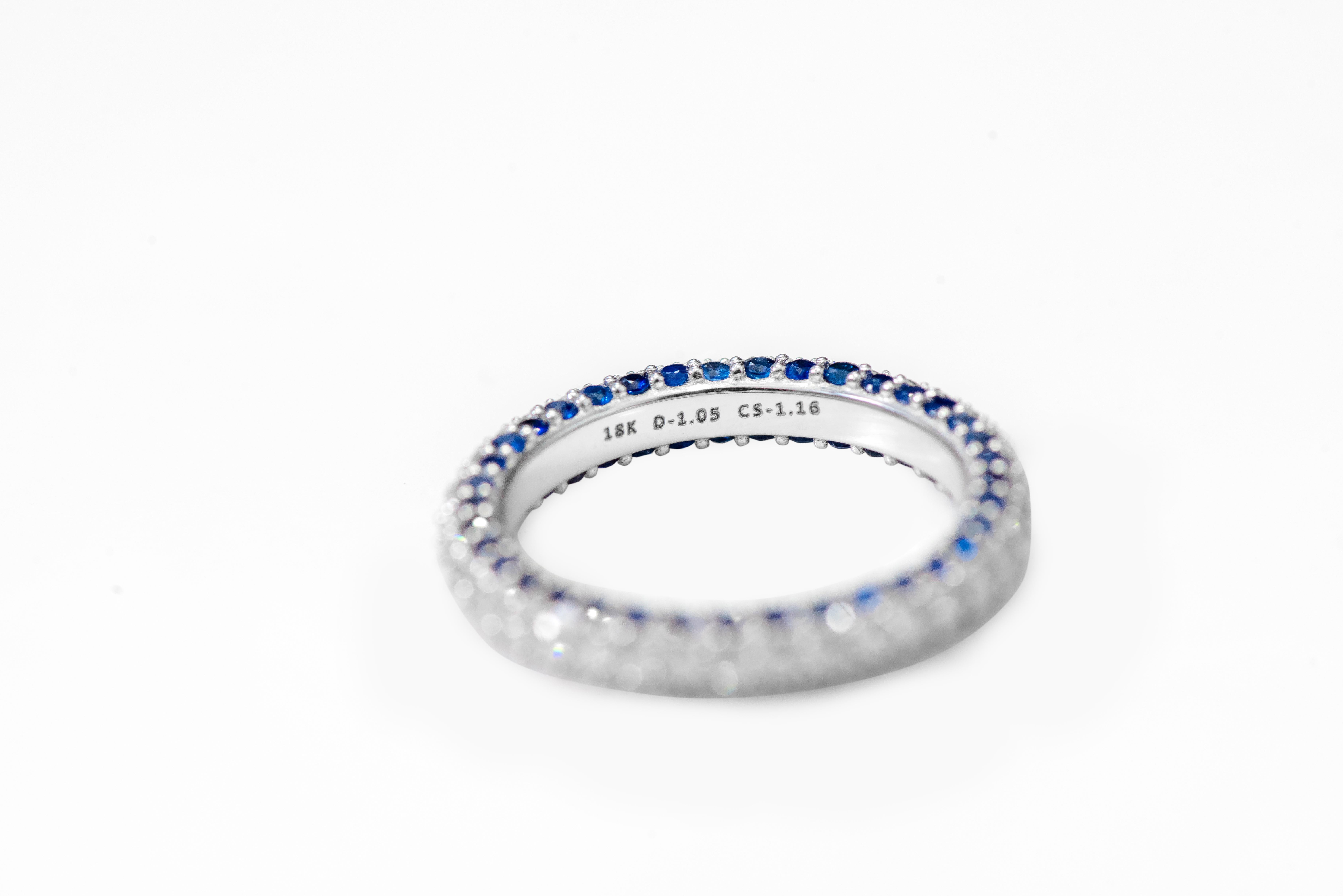 Brilliant Cut 18 Karat White Gold 1.16 Carat Round-Cut Sapphire and Diamond Eternity Band Ring For Sale