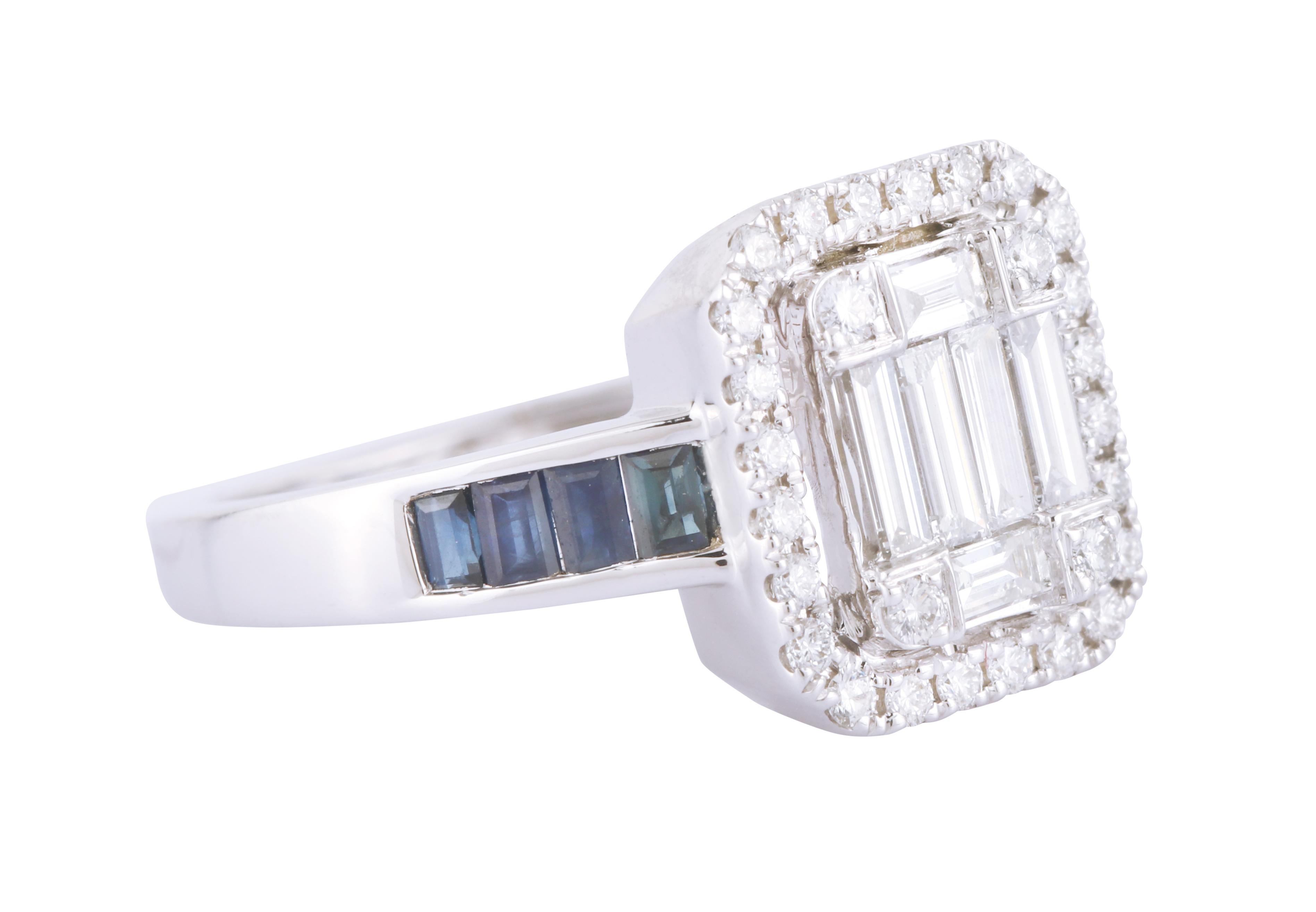 Baguette Cut 18 Karat White Gold 1.16 Carat Sapphire and Diamond Band and Cluster Ring For Sale