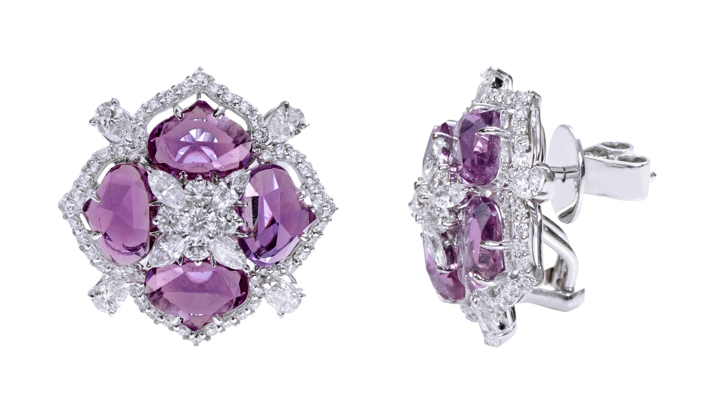 18 Karat White Gold 11.60 Carat Pink Sapphire and Diamond Cocktail Stud Earrings

These convoluted Fuschia pink sapphire and diamond earring is extraordinary. The first two layers form an artistic flower with marquise solitaire diamonds on the 4