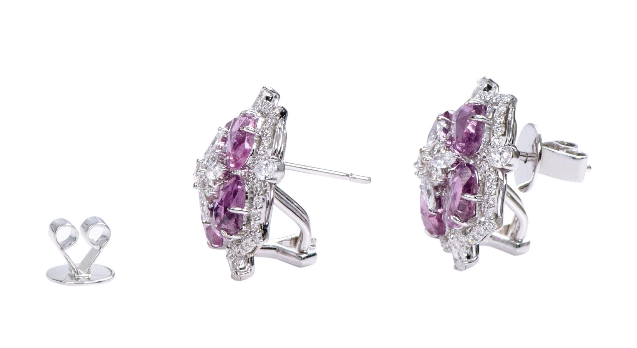 Brilliant Cut 18 Karat White Gold 11.60 Carat Pink Sapphire and Diamond Cocktail Stud Earrings For Sale