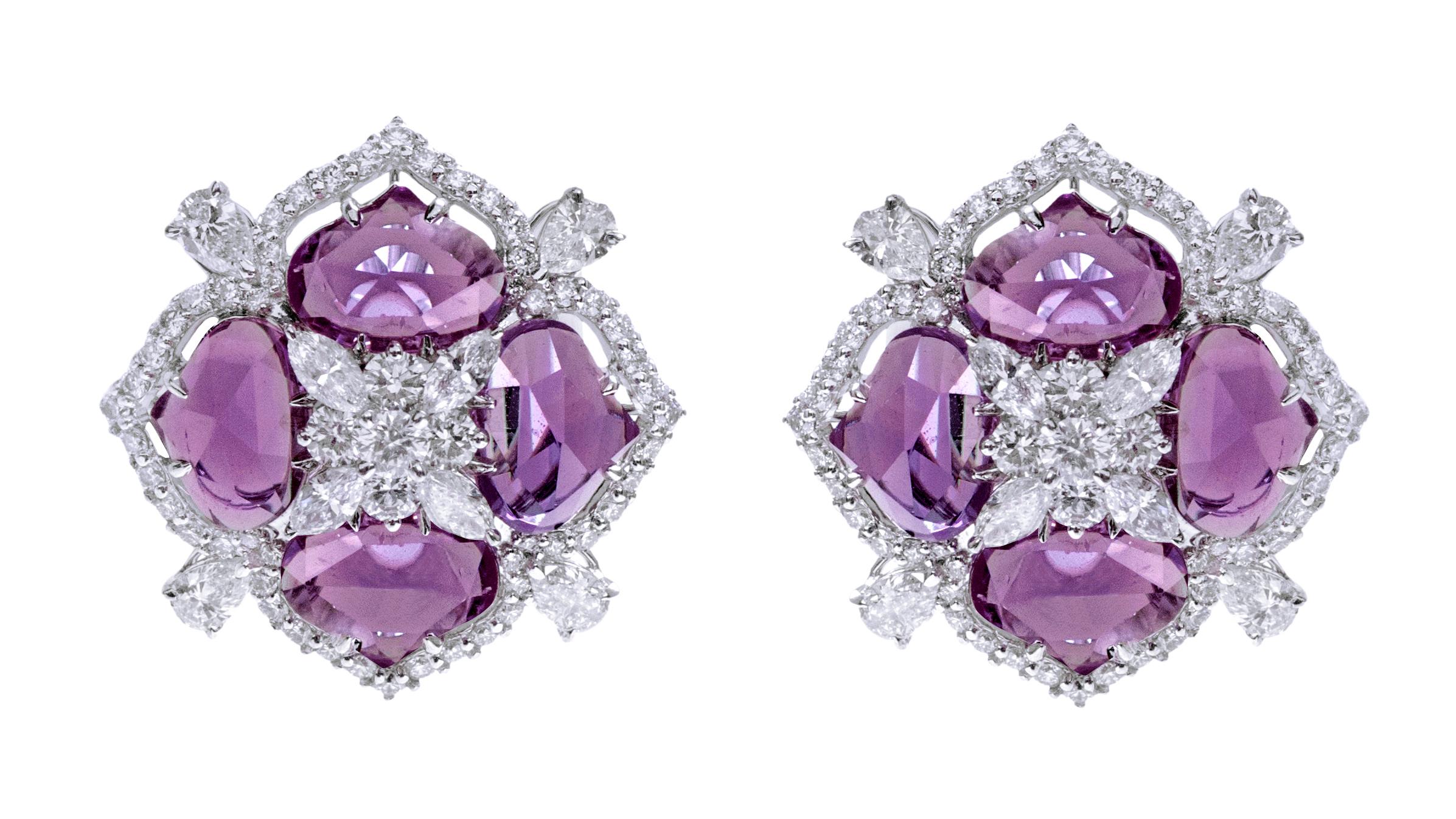 18 Karat White Gold 11.60 Carat Pink Sapphire and Diamond Cocktail Stud Earrings In New Condition For Sale In Jaipur, IN