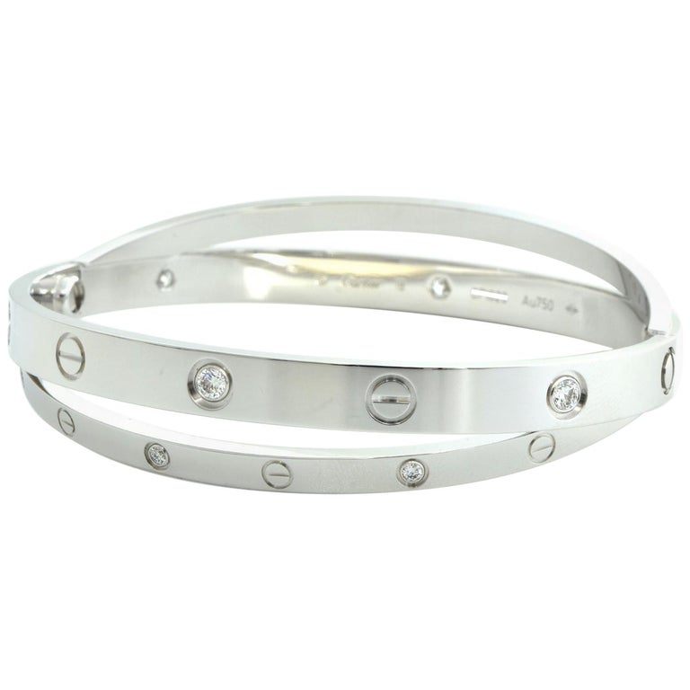 18 Karat White Gold 12 Diamond Double Cartier LOVE Bracelet 18 at 1stDibs | cartier  double love bracelet, cartier love bracelet double