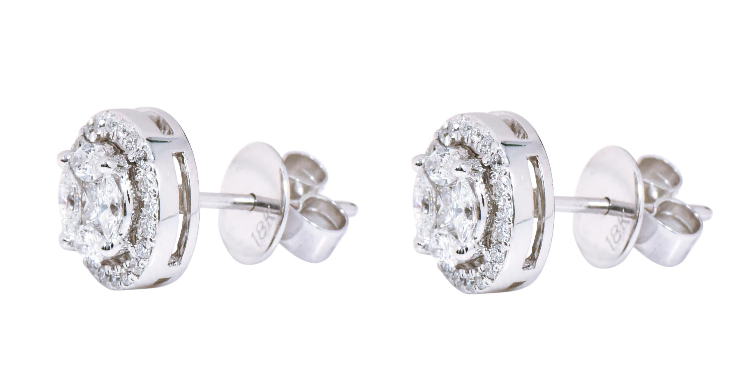 Clous d'oreilles en or blanc 18 carats avec grappe de diamants de 1,20 carat, à monture invisible Pour femmes en vente