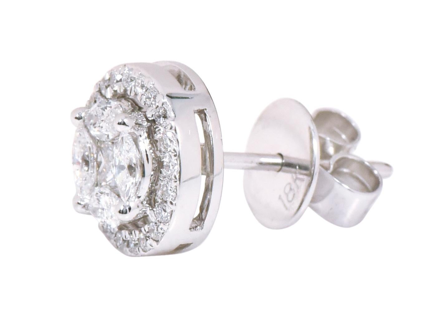 Clous d'oreilles en or blanc 18 carats avec grappe de diamants de 1,20 carat, à monture invisible en vente 2