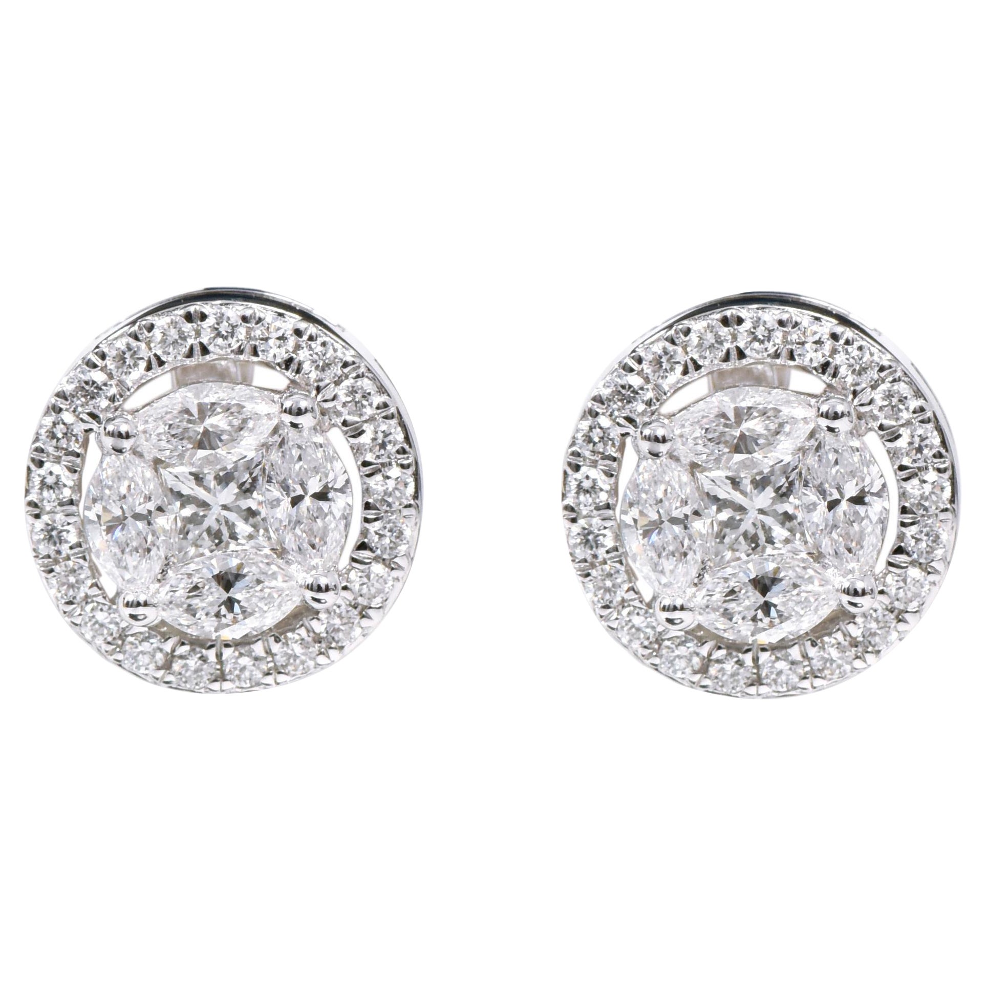18 Karat White Gold 1.20 Carat Diamond Cluster "Invisible-Setting" Stud Earrings For Sale