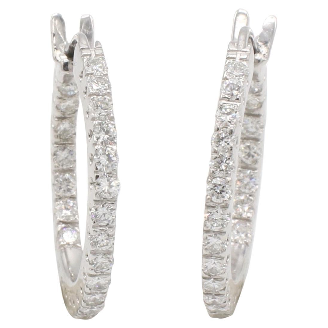 18 Karat White Gold 1.20 Carat Natural Diamond Hoop Earrings 