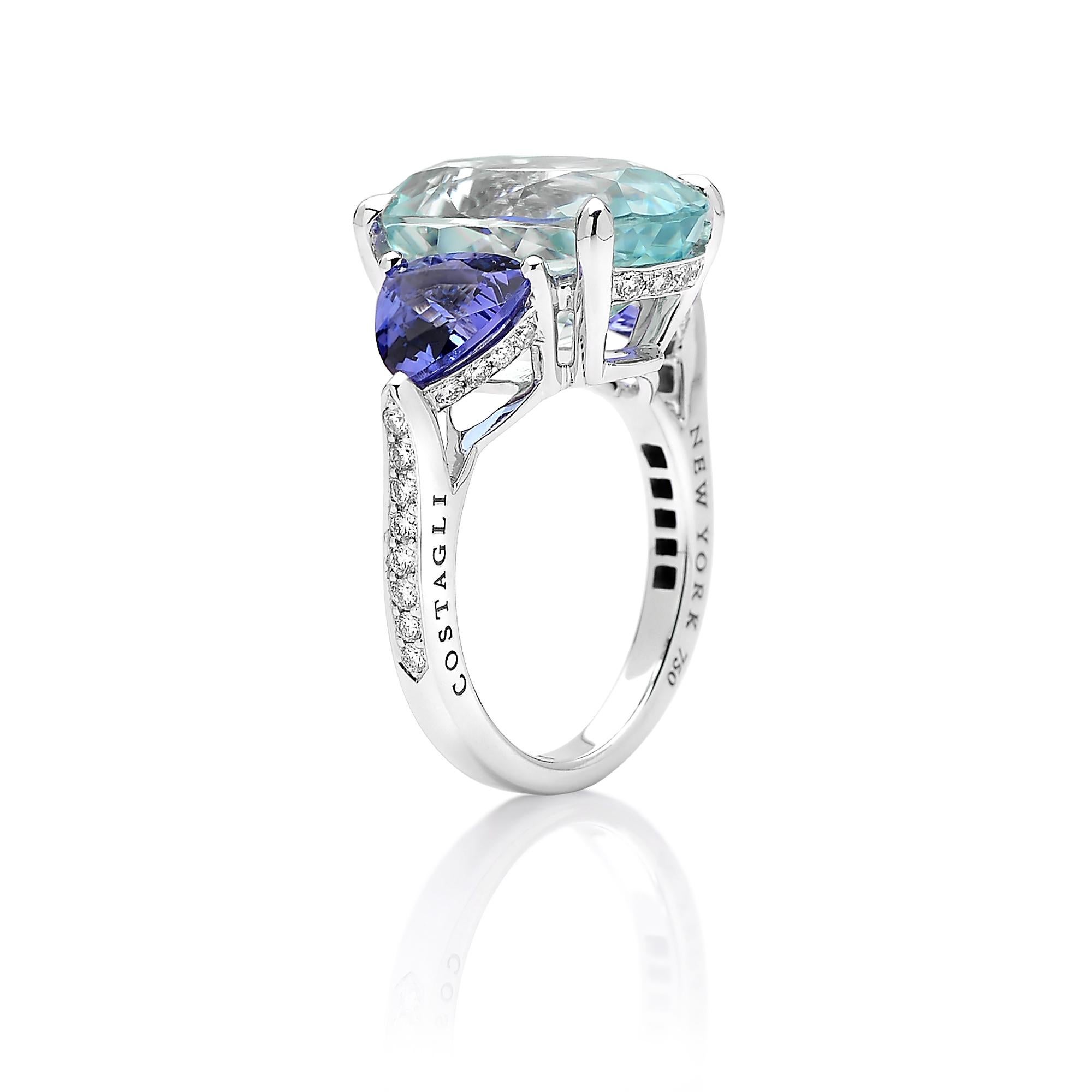 One of a kind oval-shaped zircon ring with trillion-shape tanzanite side stones set in 18kt white gold with pave-set round, brilliant diamond detailing.

A classic ring silhouette paired with the unique color combination of the zircon and tanzanite