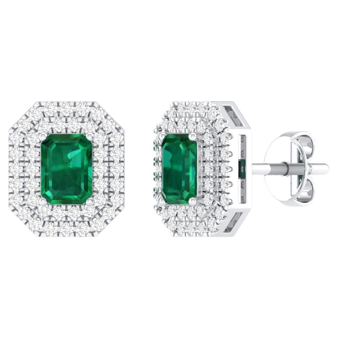 18 Karat White Gold 1.26 Carat Emerald Solitaire Stud Earrings For Sale