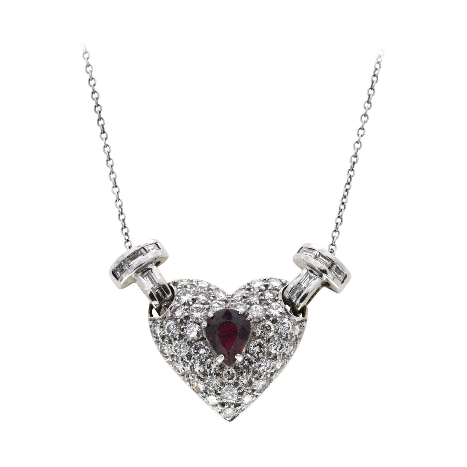 18 Karat White Gold 1.28 Carat Diamonds and 0.50 Carat Ruby Heart Necklace For Sale