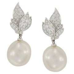 18 Karat White Gold South Sea Pearl 0.63 Cttw Diamond Drop Earrings