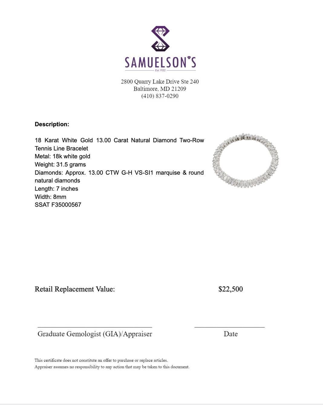 Donna Bracciale a due file in oro bianco 18 carati con diamanti naturali da 13,00 carati in vendita