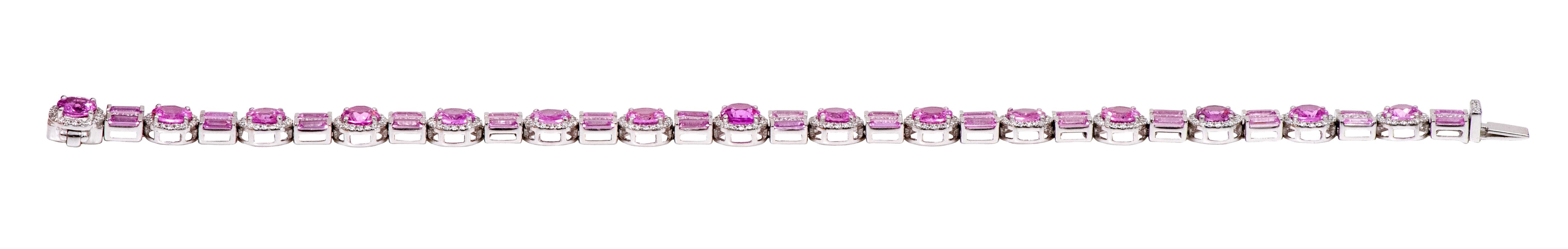 Baguette Cut 18 Karat White Gold 13.23 Carat Pink Sapphire and Diamond Tennis Bracelet For Sale