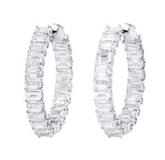18 Karat White Gold 13.29 Carat Diamond Emerald-Cut Solitaires Hoop Earrings