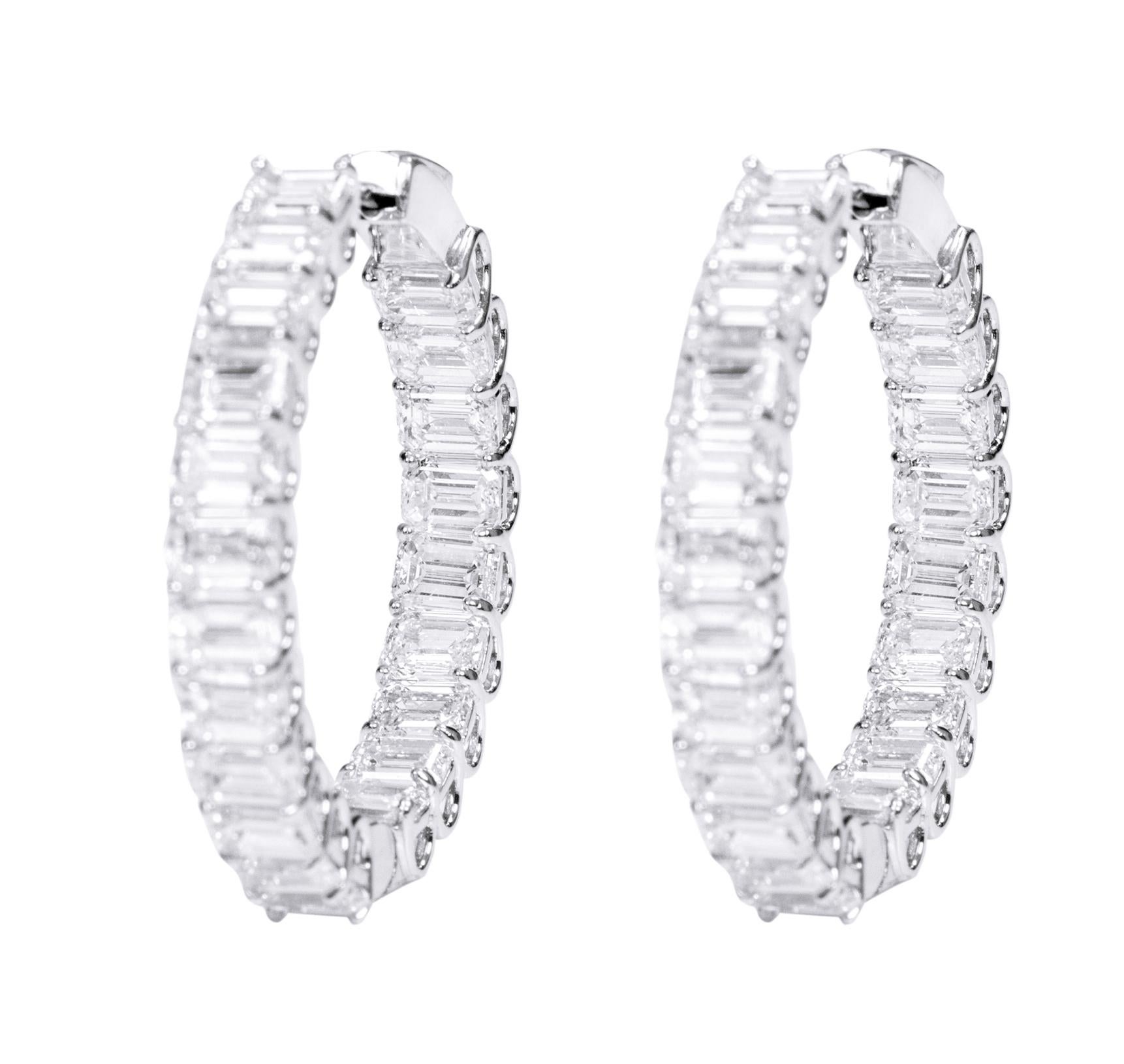 Modern 18 Karat White Gold 13.29 Carat Diamond Emerald-Cut Solitaires Hoop Earrings For Sale