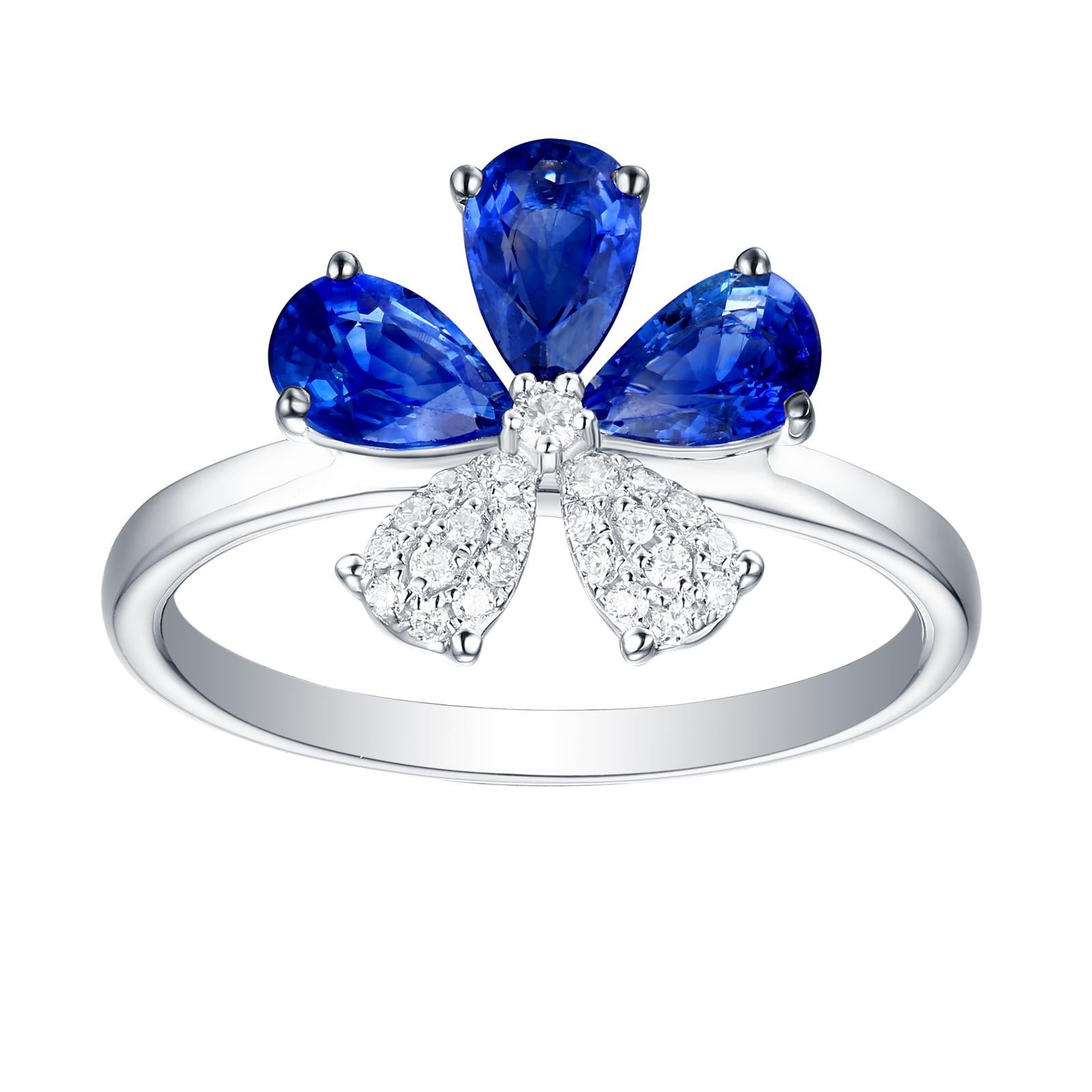 Pear Cut 18 Karat White Gold 1.36 Carat Blue Sapphire Diamond Pave Flower Design Ring