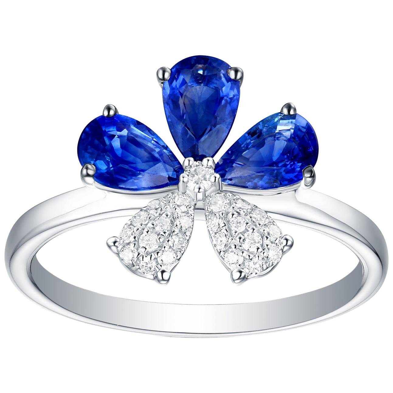 18 Karat White Gold 1.36 Carat Blue Sapphire Diamond Pave Flower Design Ring