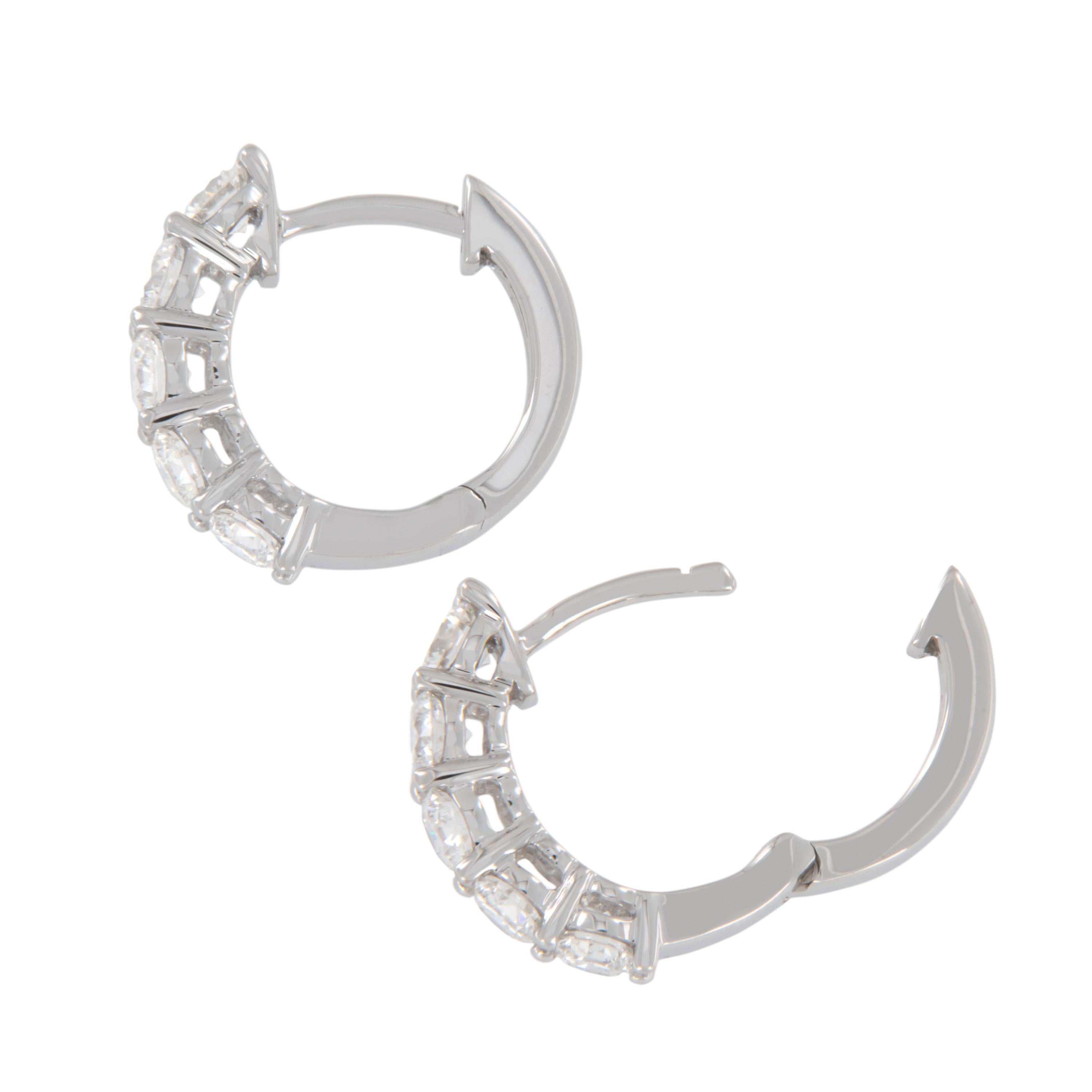 Round Cut 18 Karat White Gold 1.37cttw, Diamond Huggy Hoop Earrings  For Sale