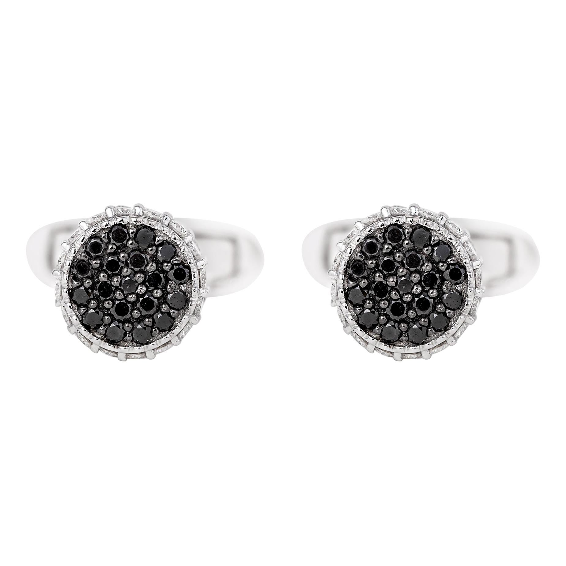 18 Karat White Gold 1.39 Carat White and Black Diamond Pave Set Cufflinks For Sale