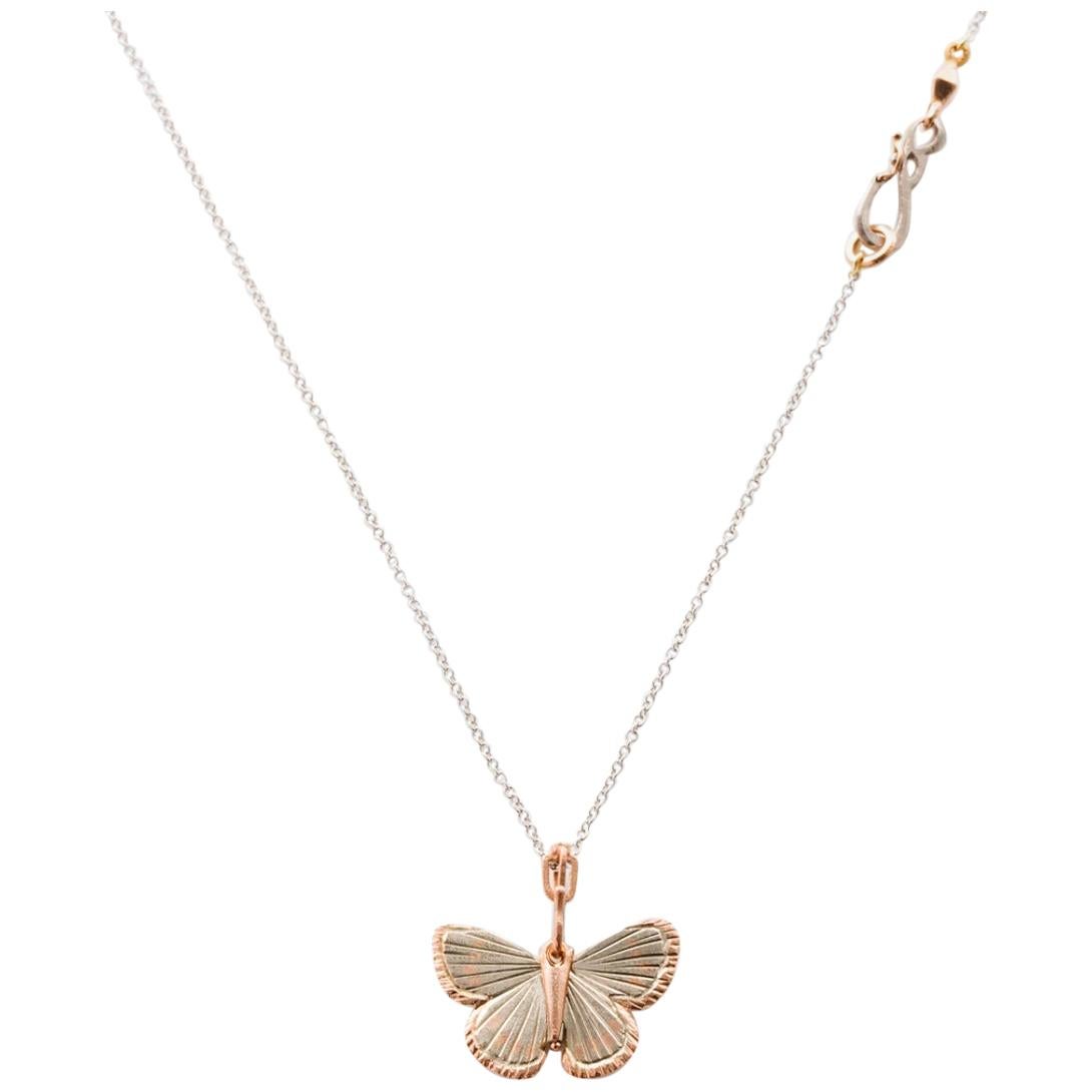 18 Karat White Gold 14 Karat Rose Gold Palos Verde Butterfly Necklace For Sale