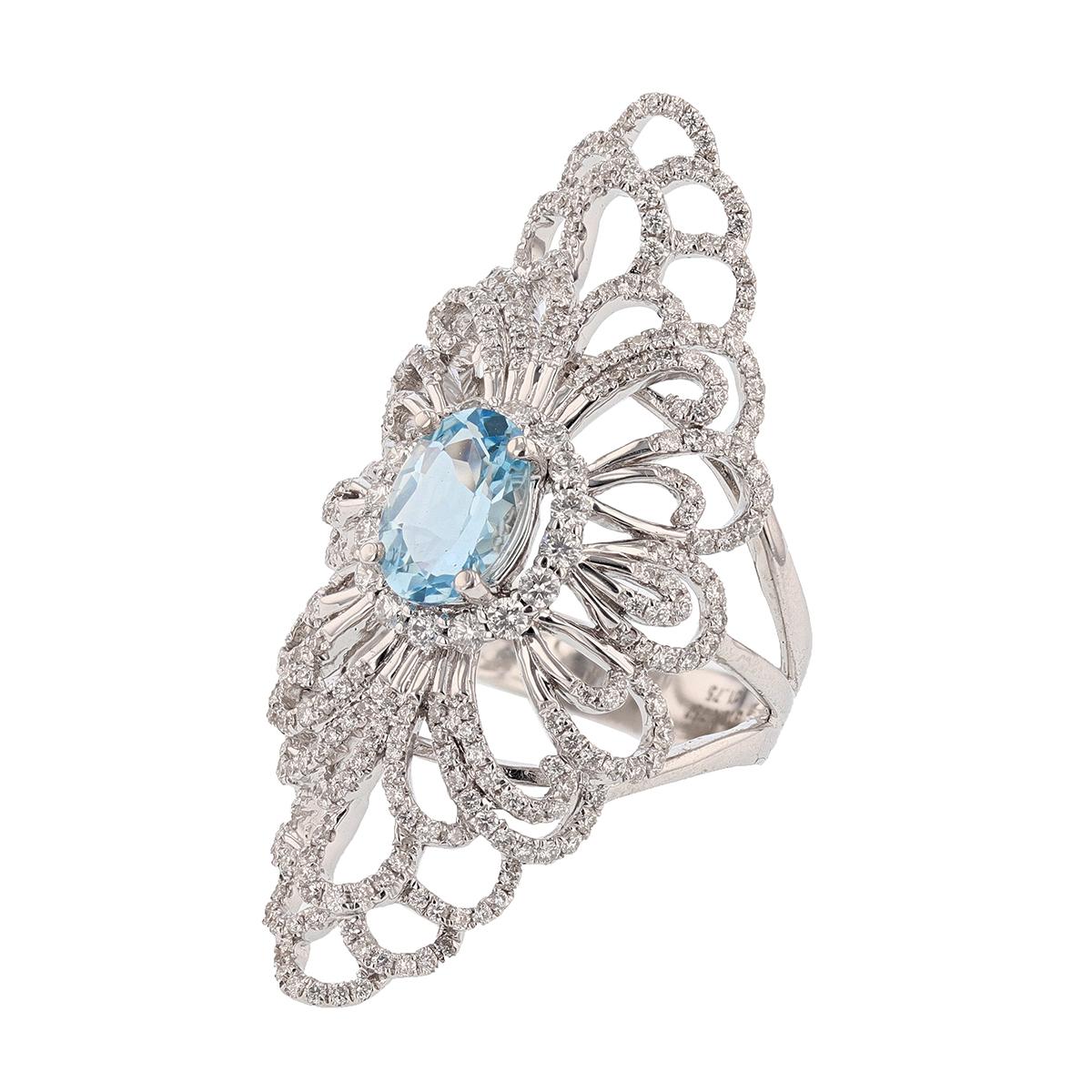 This ring is set in 18 karat white gold. The center stone is an oval cut Aquamarine weighing 1.50 carats and is prong set. The mounting features 286 round cut diamonds weighing 1.75cts.