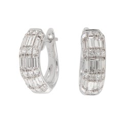 18 Karat White Gold 1.42 Cttw Baguette and Princess Cut Diamond Hoop Earrings